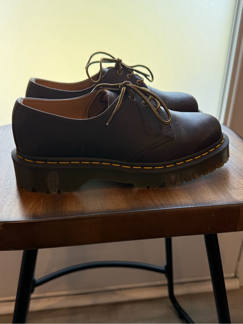 Dr. Martens Black Leather Lace-Up Platform Oxfords with Yellow Stitching - Picture 4 of 5